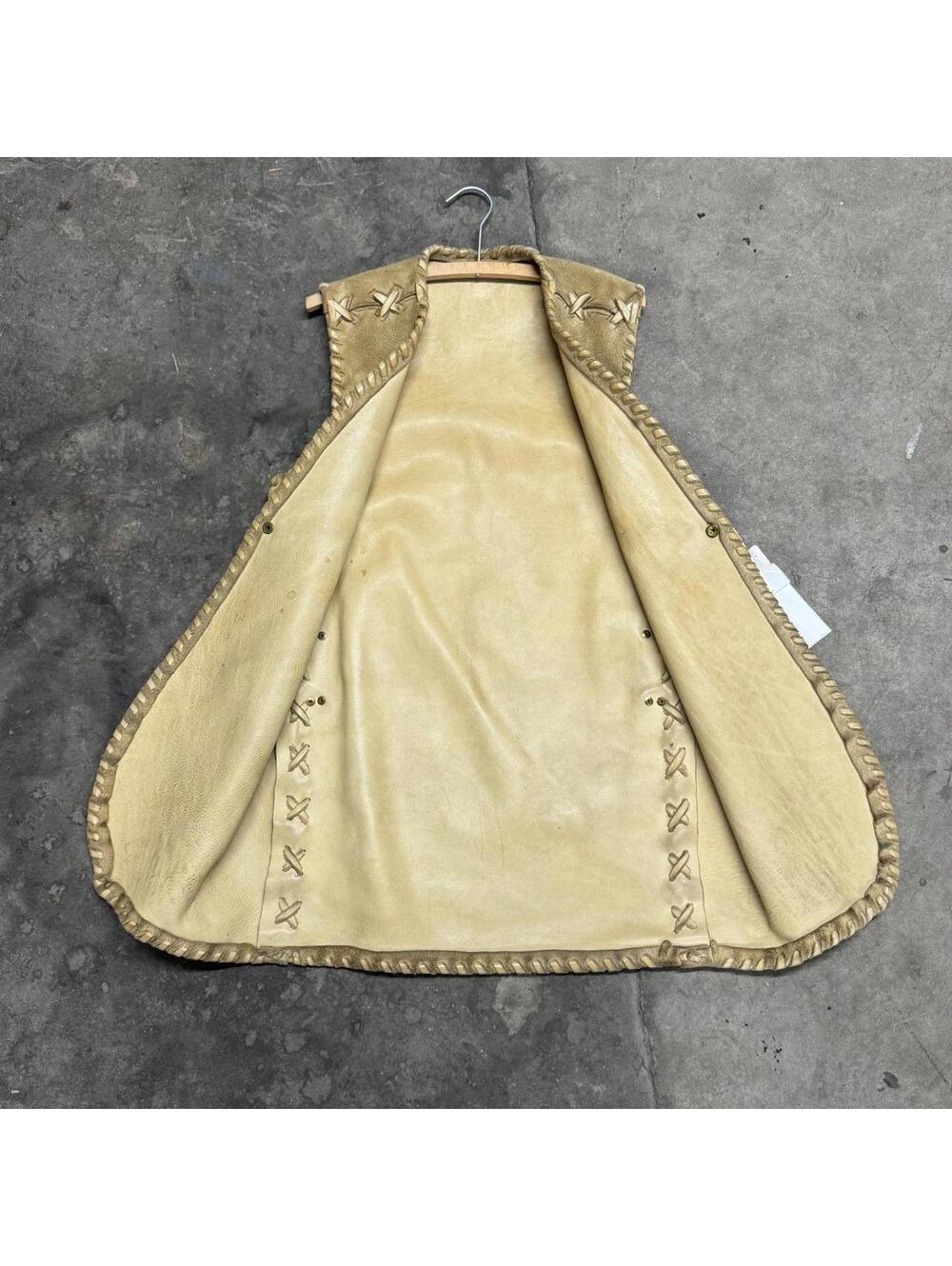 Vintage 60s 70s Suede Buckskin Western Film Costume Vest Stenciled Whipstitch - Picture 5 of 8